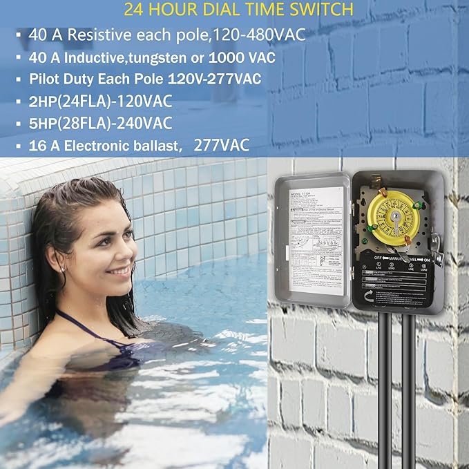 T104M Pool Timer Mechanism Only, Pool Pump Timer, 208-277V 40A Time Switch, 24 Hour 12 ON/Off for Pool Pump, Heavy-Duty Mechanical Time Switches,Time Switch Mechanism Only, 5 Years Warranty