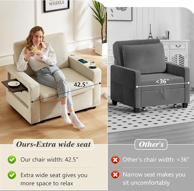 WEUP 42.5" Sleeper Chair Bed, 3-in-1 Convertible Reclining Sofa Chair - Image 5