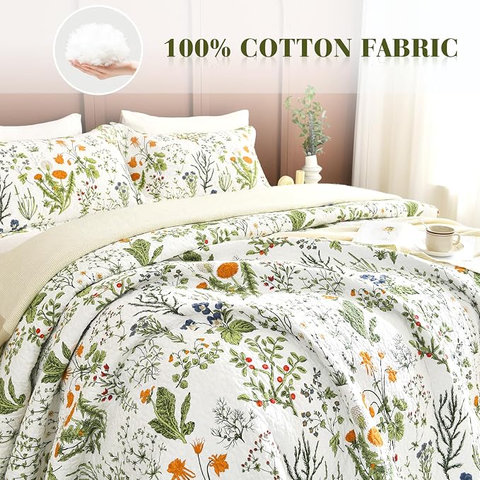 QSH 100% Cotton Floral Quilt Queen Set Yellow Flowers Leaves Plants Pattern - Image 3