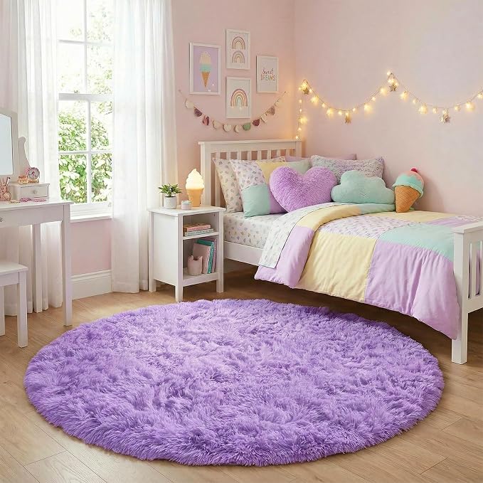 Amdrebio Purple Fluffy Round Circle Area Rug 4Ft - Image 3