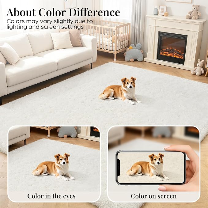 PLHXFR 8x10 Area Rugs Living Room: Fluffy Bedroom Rug Shag Carpet White | - Image 6