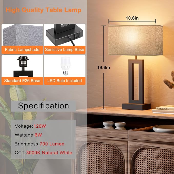 Seealle Nightstand Table Lamps for Bedrooms Set of 2 - Image 6