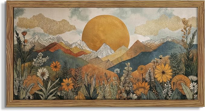 Framed Boho Landscape Large Wall Art, Abstract Sun Mountain Canvas Wall Decor by Unknown
