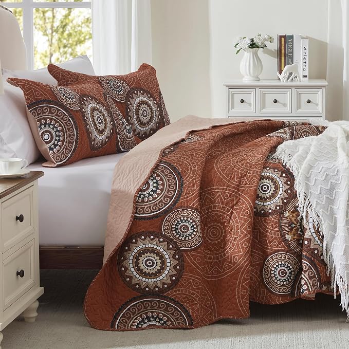 3 Pieces King Size Burnt Orange Rust Quilt Set Lightweight Oversized Bedspread - Image 3