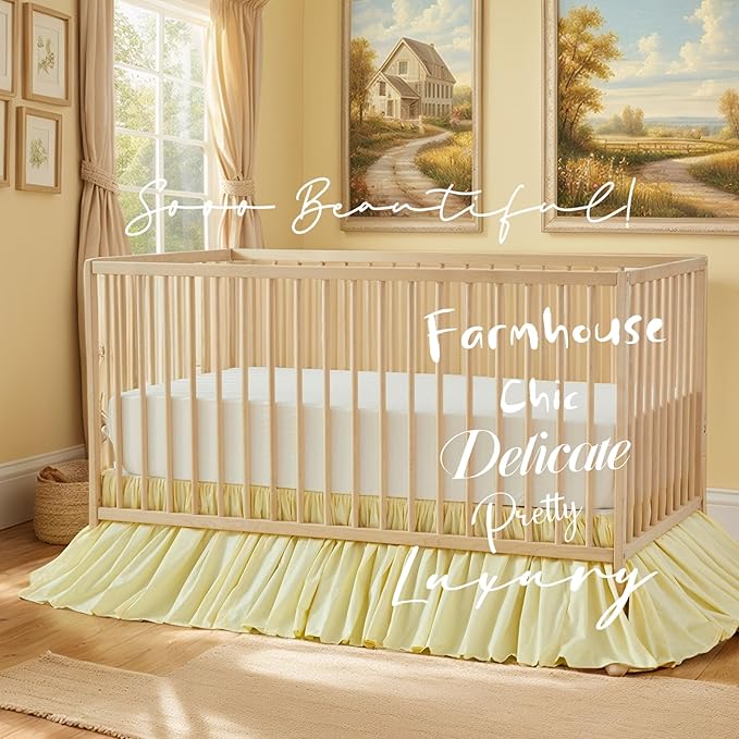 Brandream Gathered Crib Skirt, Baby Boy, Baby Girl, Gender Neutral Crib Skirt, 100% Cotton, 4-Sided, Solid Light Yellow Toddler Bedskirt Farmhouse Chic Nursery Crib Bed Skirt Dust Ruffle