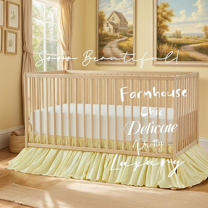 Brandream Gathered Crib Skirt, Baby Boy, Baby Girl, Gender Neutral Crib Skirt, 100% Cotton, 4-Sided, Solid Light Yellow Toddler Bedskirt Farmhouse Chic Nursery Crib Bed Skirt Dust Ruffle