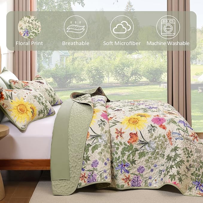 Yiran Beige Queen Quilt Bedding Set, Floral Bedspreads Queen Size | 3 Pieces - Image 6