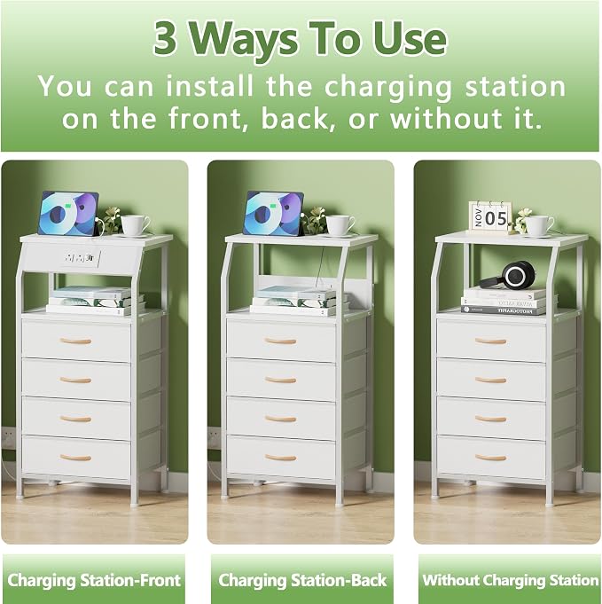White Nightstand with Charging Station, 4 Drawers Bedside Table | 33.3 Inch - Image 6
