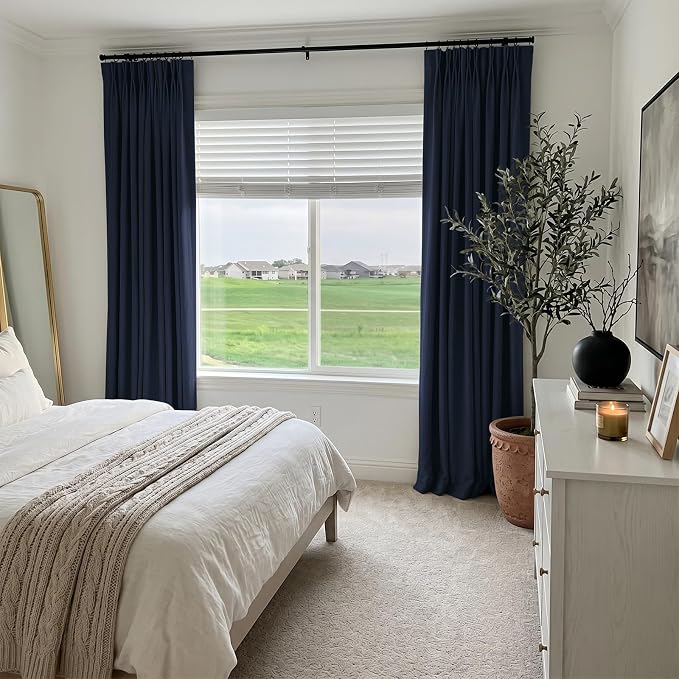 Pinch Pleated Full Blackout Faux Linen Curtains 96 Inches Long | Midnight Blue - Image 5
