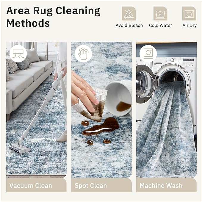 10x14 Area Rugs for Living Room, Non Slip Machine Washable Vintage Rugs, Low Pile Lightweight Large Rug for Bedroom, Dining Room, Home Office Blue