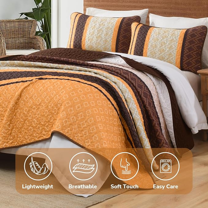 Dinjoy Boho Quilt Sets, Striped Bedspread Queen Size Bedding Sets, Coverlet Bed - Image 4
