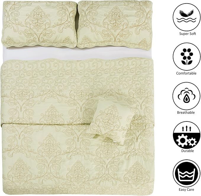 Home Soft Things Damask 4 Piece Bedspread Set, Scalloped Edge Quilt Coverlet - Image 3