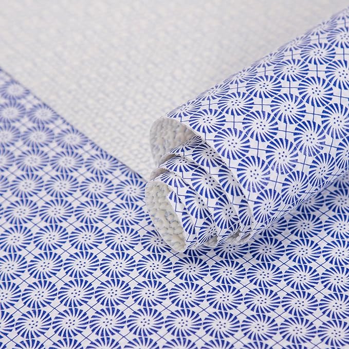 RAY STAR 18X96 Inch Shelf Liner for Kitchen Cabinets, Non-Adhesive Cabinet Liner Washable, PVC Drawer Liner for Dresser Non-Slip Bathroom (Blue Circle)(1 Roll)