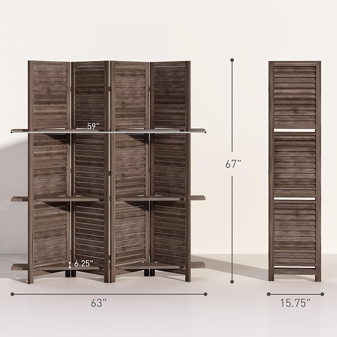 HOMCOM Room Divider with Shelves, 4 Panel, Walnut | Wood Privacy Screen - Image 7