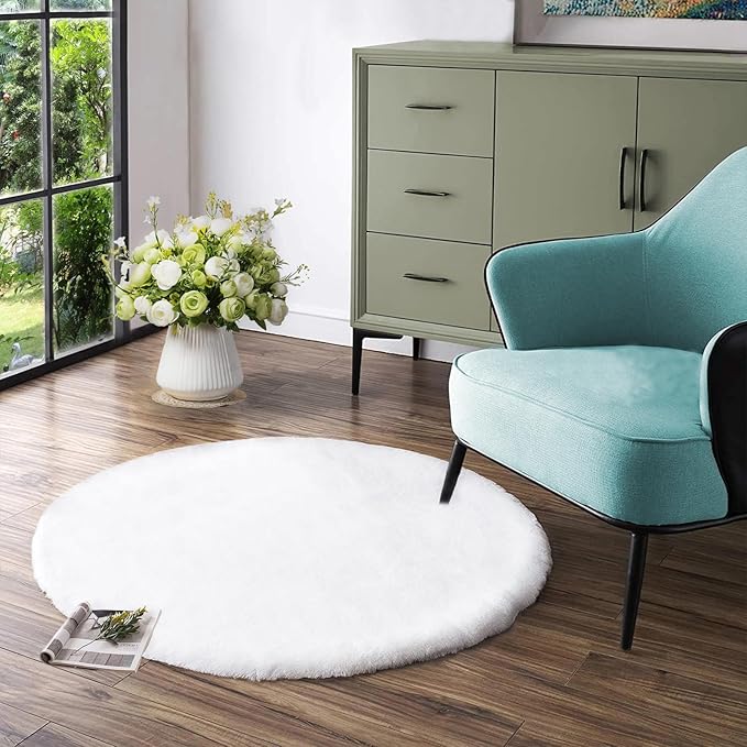 Latepis White Fur Round Rug 3ft Non-Slip Washable Circle Rug Fluffy Faux Rabbit Fur Rugs for Photoshoot Plush Shag Furry Carpet for Living Room Bedroom Kids Room