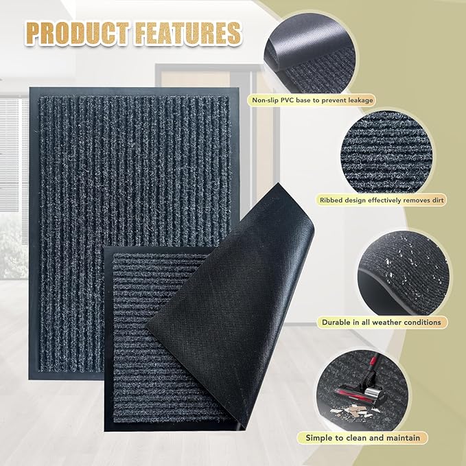 Front Door Mat,2'x6'Indoor Outdoor Door Mat,Heavy Duty Durable Welcome,Commercial Floor Mats Inside Outside Entrance, Waterproof All-Season, All-Weather Non Slip Backing Doormat for Entryway,Black