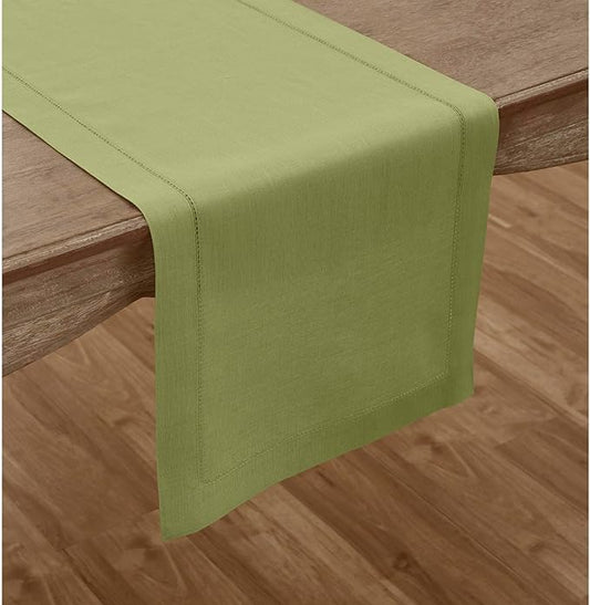 Solino Home Linen Moss Green Table Runner 120 Inches Long - 100% Pure Linen Hemstitch 14 x 120 Inch Table Runner for Dining, Winter - Classic Hemstitch