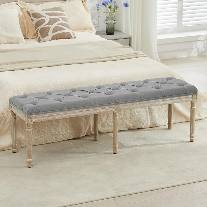 LOULENS 57.7" Linen End of Bed Bench King Size, Light Grey | French, Upholstered by LOULENS