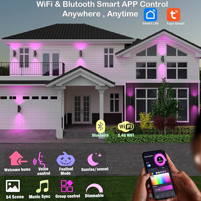 rosykite Exterior Double Up Down Outdoor Wall Lights,Mi.Light Remote Control RGB Color Changing 1000lm Warm White 3000k RGBW Cylinder Outdoor Wall Light,Smart LED Exterior Lighting (4 Pack)