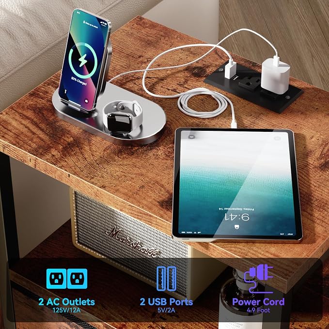 Night Stand Set 2 with Charging Station, LED Light, 2 Drawers, Rustic Brown | - Image 4