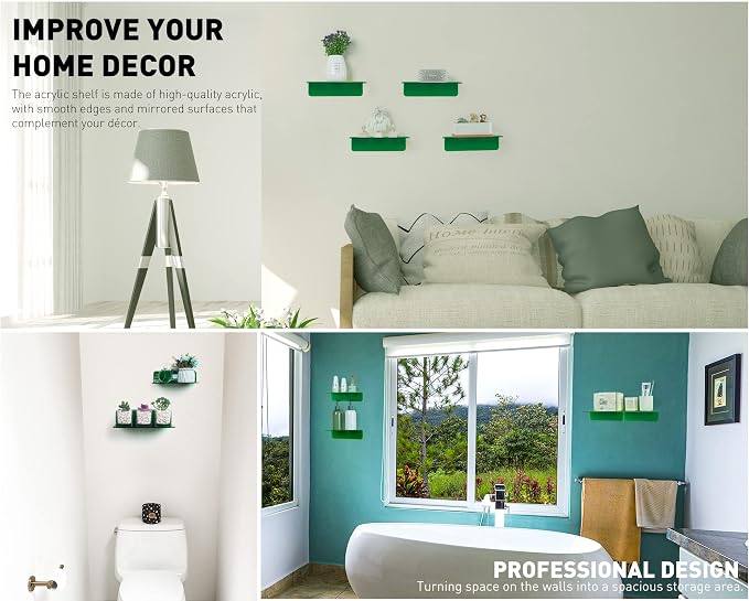 OAPRIRE Acrylic Floating Wall Shelves Emerald, No Drill, 9 Inch 2 Pack | Strong - Image 4