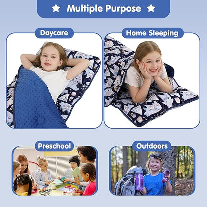 Viviland Toddler Kid Nap Mat for Preschool, Girls Deep Blue Bear Slumber Bag, Daycare Sleeping Bag with Pillow and Blanket, Kindergarten Sleep Mat