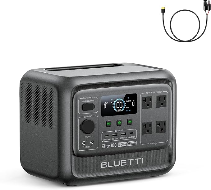 BLUETTI Elite 100 V2 Portable Power Station and Solar Cable, 1024Wh LFP Battery Backup w/ 4 1800W AC Ports (3600W Surge), 35% Smaller, Fast Charge and UPS Solar Generator for Camping, Road Trip