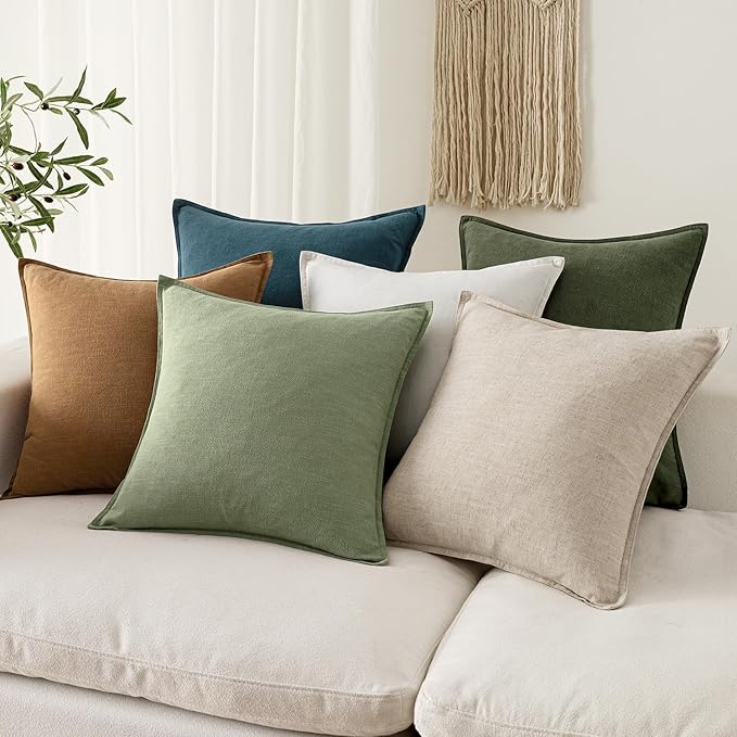 EMEMA Decorative Linen Throw Pillow Covers 22x22 Inch Natural Beige Boho Farmhouse Neutral Couch Throw Pillows for Bed Pack of 2 Accent Pillowcase Modern Sofa Cushion Livingroom Home