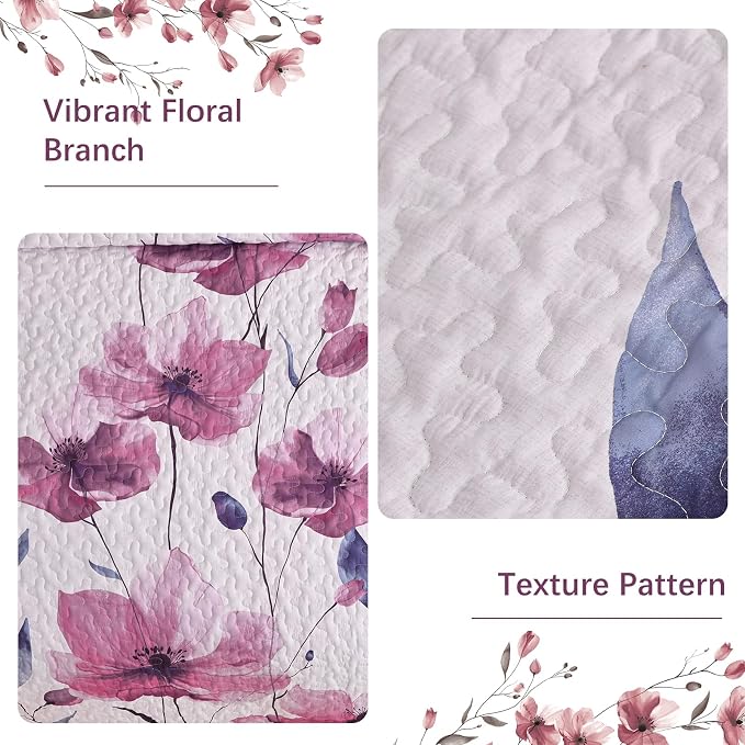 Mybedsoul Floral Quilt Set King Size, 3 Pieces Rose Pink Bedspread Coverlet Set - Image 5