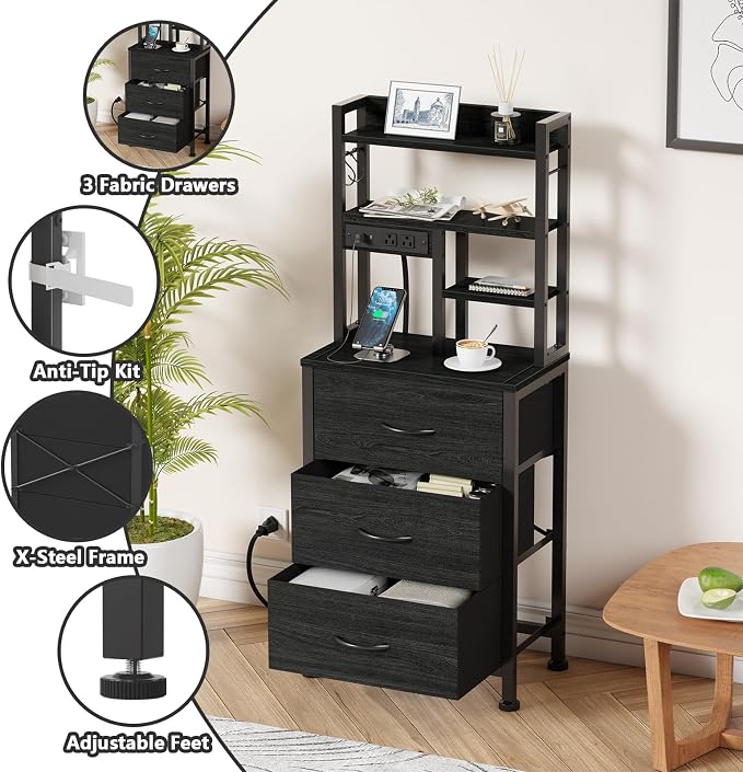 Black Nightstand with Bookshelf, Tall Bedside Table & Night Stand | 3 Fabric - Image 6