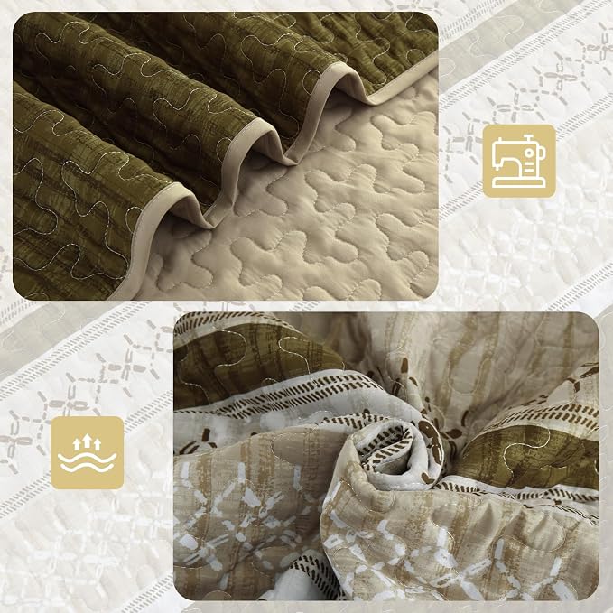 Cottolester Brown Quilt Set Queen, Soft Fall Striped Texture Bedspread 3 Pcs | - Image 4
