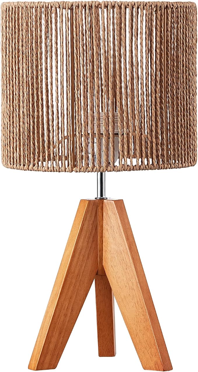 EDISHINE Small Rattan Table Lamp, Wood Tripod Bedside Lamp, E26 Base | Natural - Image 8