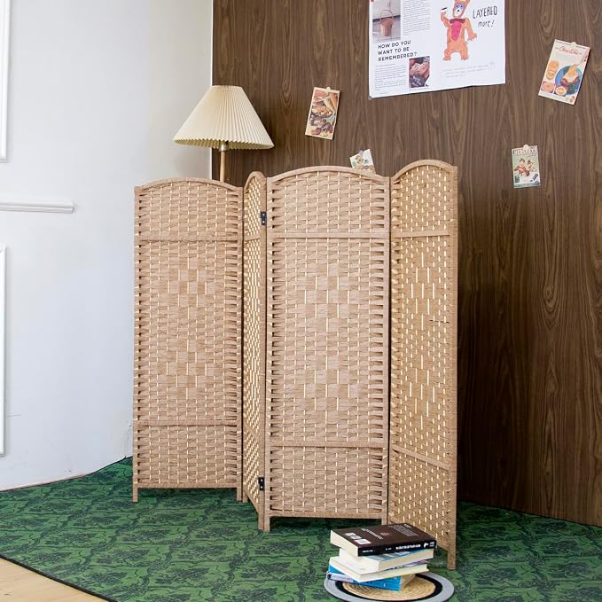 4-Panel Short Room Divider, 3.9 ft Freestanding Partition Wall, Light Brown - Image 2