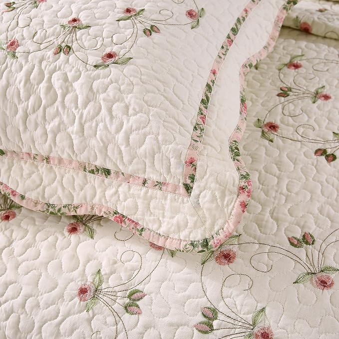 Quilt Set Floral Leaves 3D Embroidery Pattern 3 PCS Cotton Reversible Quilted - Image 7