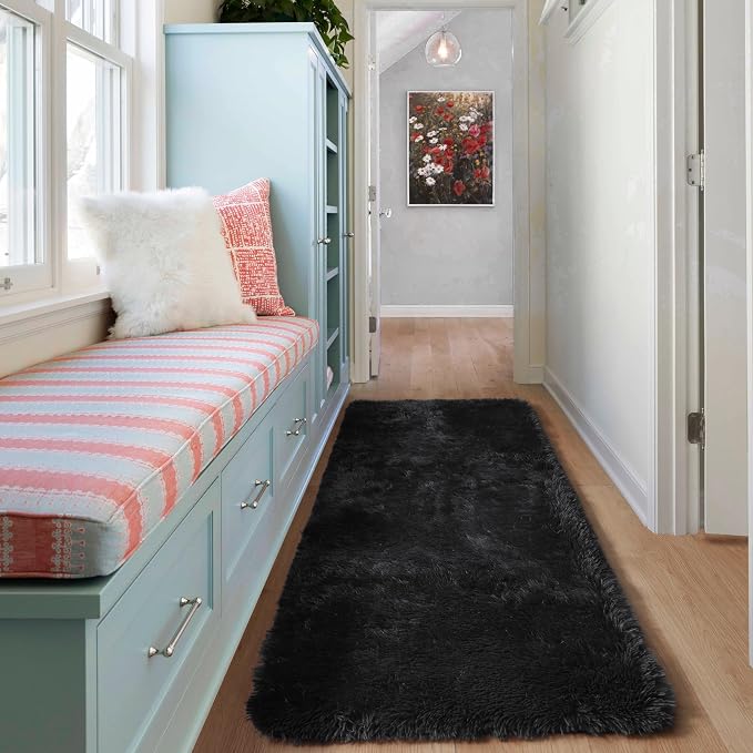 Black Runner Rugs for Bedroom Living Room, 2x6 Bedside Fluffy Area Rug - Image 5