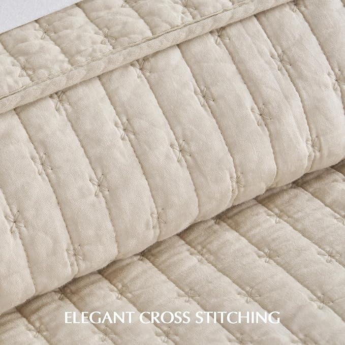 100% Cotton Cross Stitch 3-Piece Quilt Set, Flax Beige | Cross Stitch Cotton - Image 5