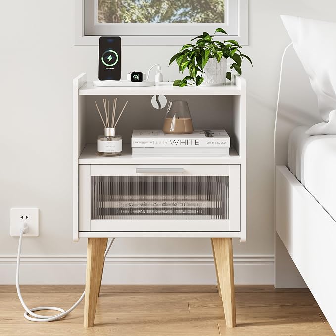 MMEOLUOOK Nightstand with Charging Station, Bedside Tables with Glass - Image 5