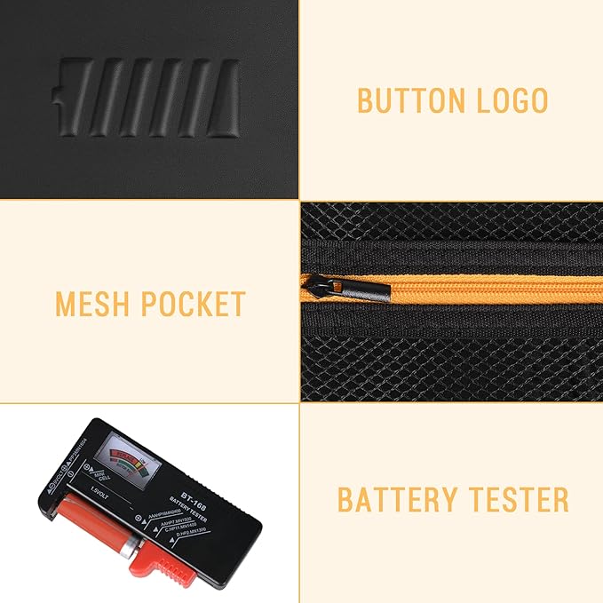 stukcaze Battery Organizer Storage Case with Tester for AA AAA Button Battery Holder Carrying 3 Batteries Variety Pack 88 Batteries Zipper Mesh Bag (Batteries Not Included) (black-orange)