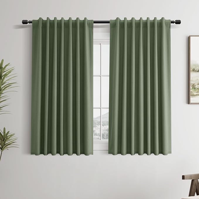 Olive Green 100% Blackout Linen Curtains 54 Inch Length 2 Panels Set Back Tab by Guken