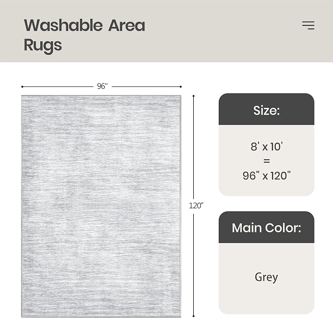 8x10 Area Rugs for Living Room, Large Washable Rug Non Slip Grey | Soft Low Pile - Image 2