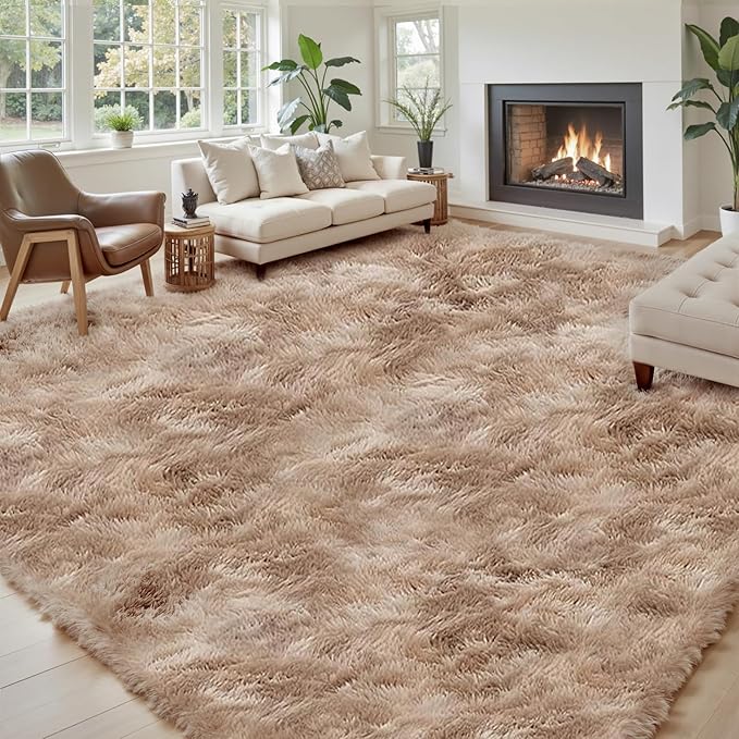 Area Rugs10x14 for Living Room, Dark Beige Tie-Dyed Large Shaggy Plush Rugs | by Junhejiamei