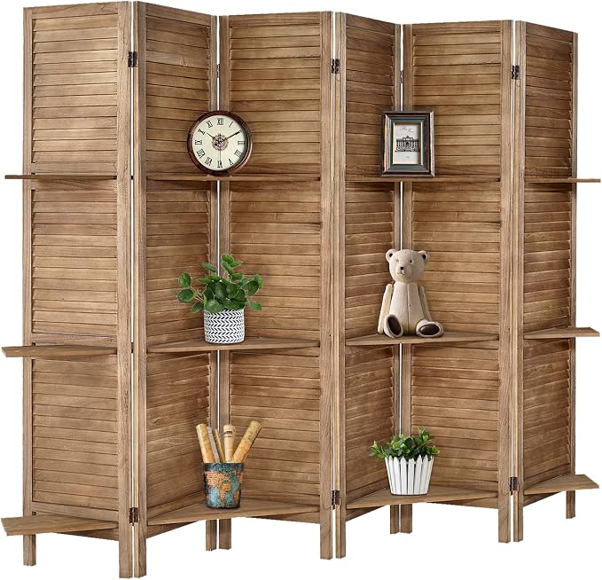 Room Divider with Shelves, 6 Panel Brown Privacy Screen | Partition Room - Image 7