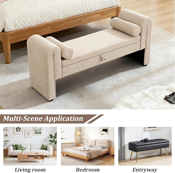61" Velvet End of Bed Bench, Upholstered Seat - Image 3
