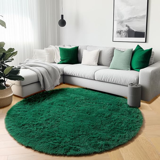 Dark Green Round Area Rugs 5ft, Fluffy Soft Bedroom Circle Rug - Image 4