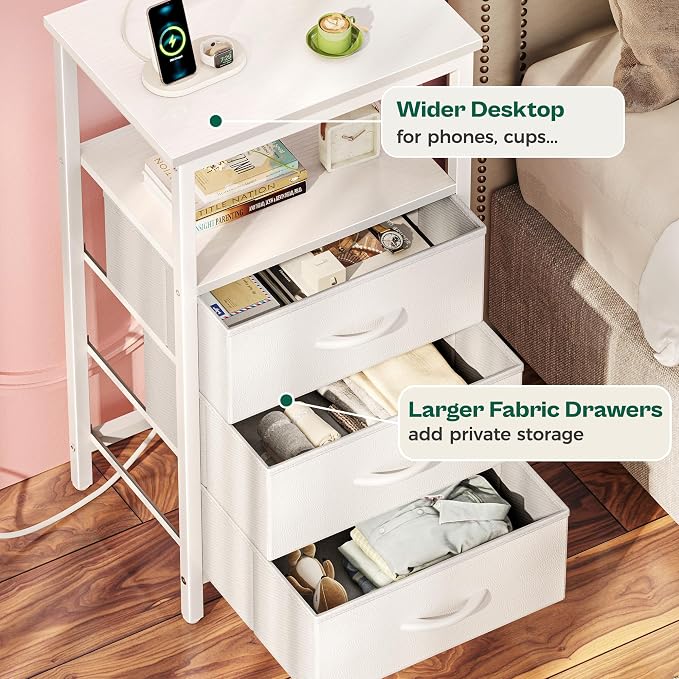 Huuger Night Stand with Charger Station and LED Lights, 3 Drawer Nightstand | - Image 7