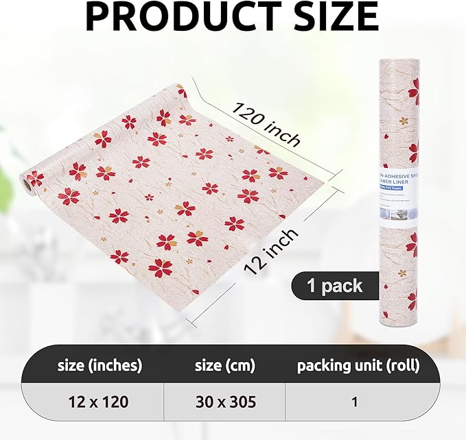 RAY STAR 12X120 Inch Shelf Liner for Kitchen Cabinets, Non-Adhesive Cabinet Liner Washable, PVC Drawer Liner for Dresser Non-Slip Bathroom (Red Floral)(1 Roll)