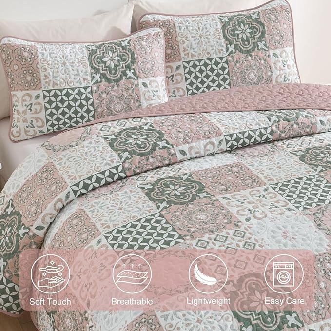 Quilt Set Queen Boho Plaid Patchwork Bedspreads Coverlet, Blush Pink | 3Pcs - Image 5