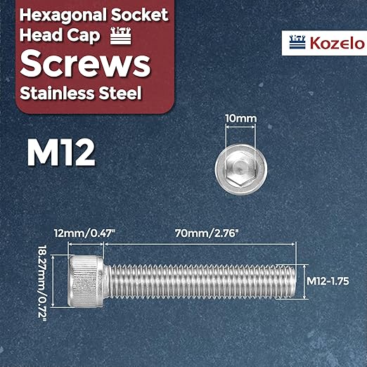 Kozelo 2pcs Socket Head Cap Screws - [M12-1.75 x 70mm] 304 Stainless Steel Allen Socket Drive for Electrical Motor 3D Printing Fan Engine Replacement Use, Silver