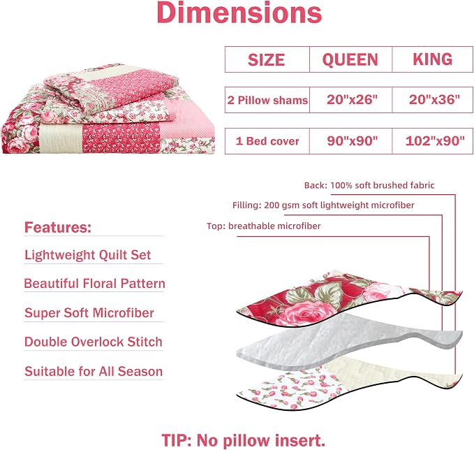 Summer Floral King Quilted Bedspread, Romantic Pink Quilt Set, Reversible - Image 5