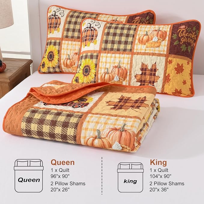 Anibedding 3Pieces Fall Patchwork Quilts King Size, Pumpkin Maple Leaves - Image 8